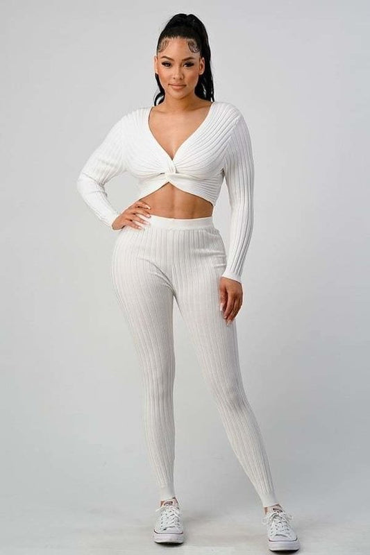 V Neck Crop Top - Highwaisted Pant Set