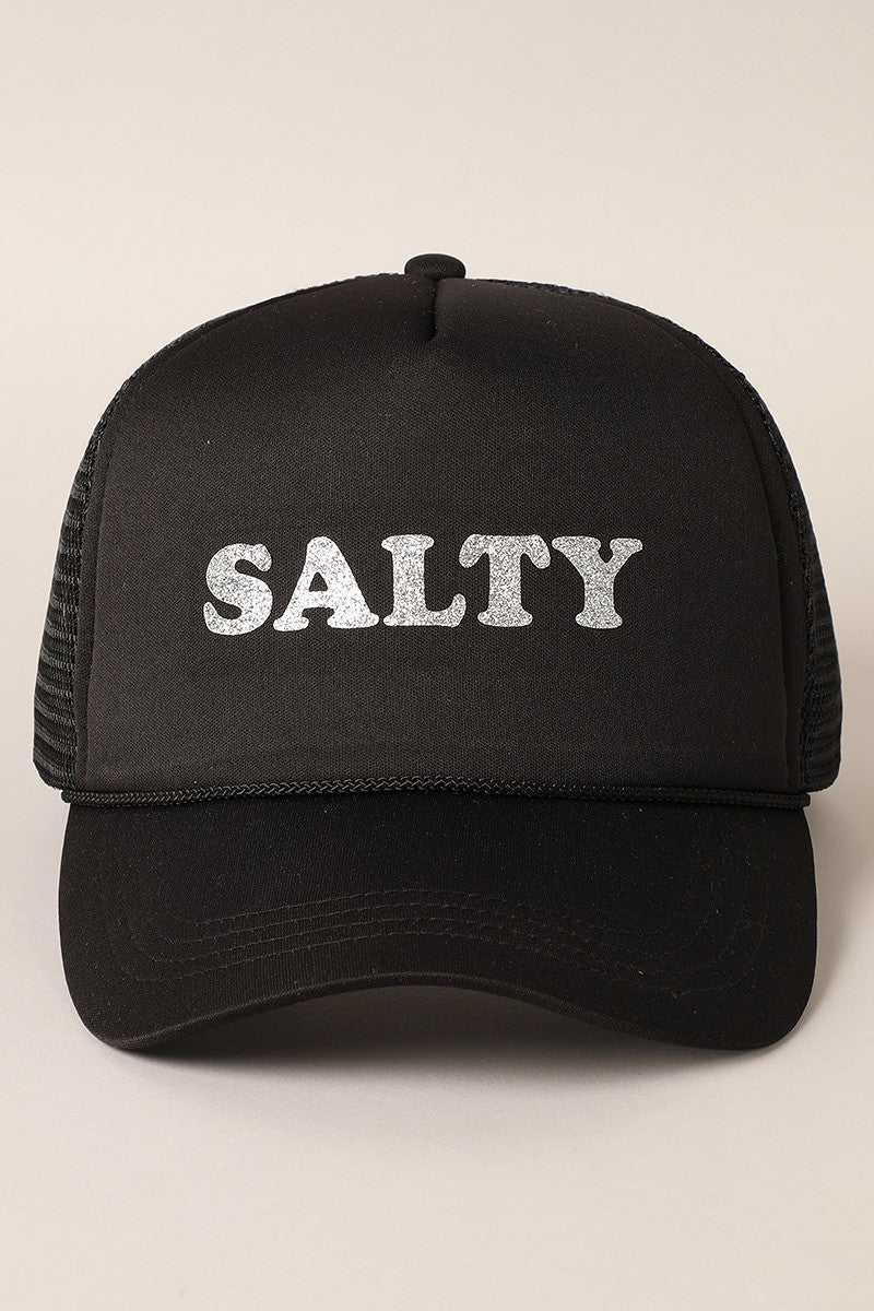 Description: Glitter SALTY Printed Foam Trucker Hat  - Glitter SALTY Printed Design - 6 Panel Trucker Hat - 100% Polyester - Relaxed Fit and Pre-Curved Visor - Snap Closure